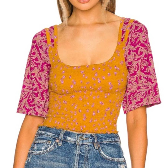 Free People Mustard and Magenta Short Sleeve Top - Picture 1 of 9